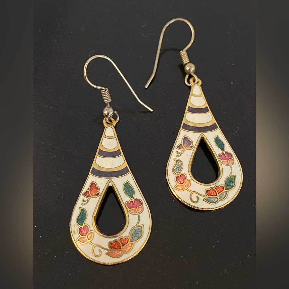 Vintage Cloisonné Enamel Teardrop Floral Butterfly French Hook Pierced Earrings